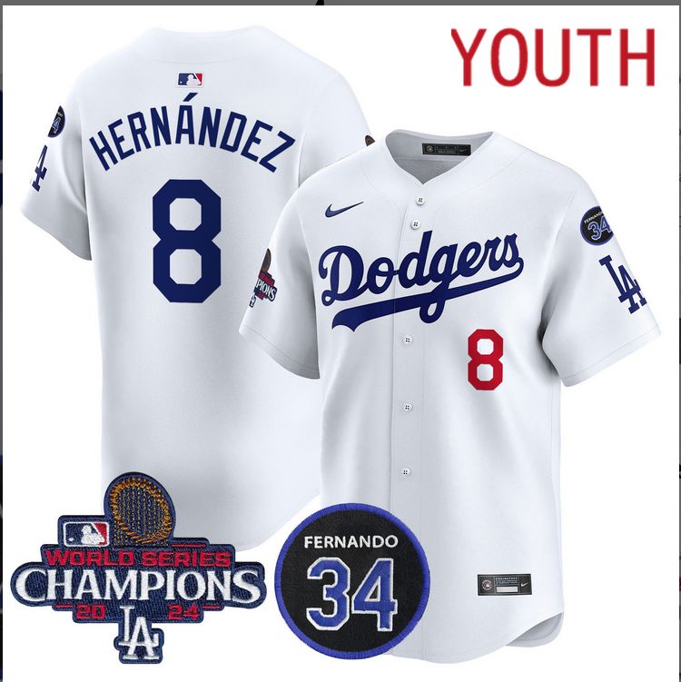 Youth  MLB Los Angeles Dodgers #8 Hernandez white 2024 World Series Champions Patch Limited Jersey style 2->youth mlb jersey->Youth Jersey